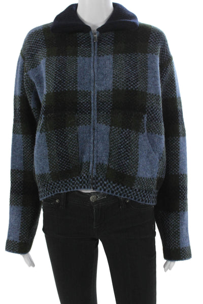 Zara Womens Plaid Collared Full Zip Sweater Blue Acrylic Long Sleeve Size S