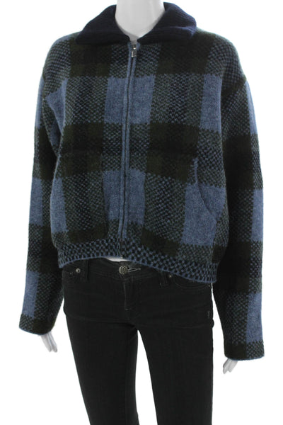 Zara Womens Plaid Collared Full Zip Sweater Blue Acrylic Long Sleeve Size S