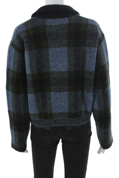 Zara Womens Plaid Collared Full Zip Sweater Blue Acrylic Long Sleeve Size S