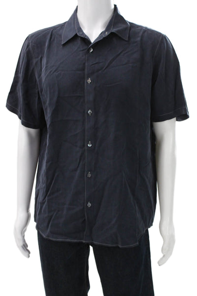 Theory Mens Button Front Short Sleeve Lightweight Collared Shirt Navy Blue XL