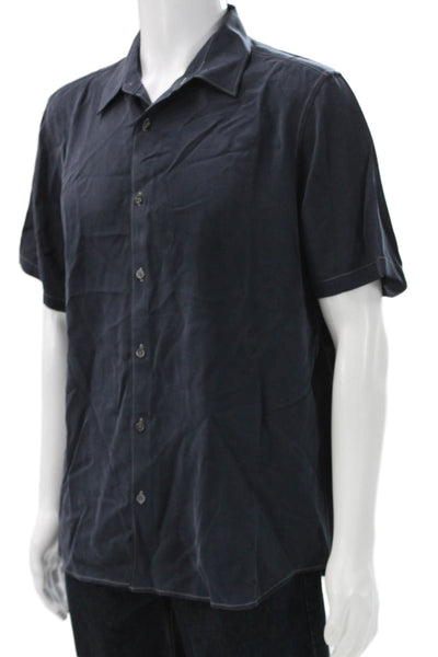 Theory Mens Button Front Short Sleeve Lightweight Collared Shirt Navy Blue XL