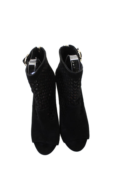 Vince Camuto Womens Suede Laser Cut Peep Toe Bootie Shoes Black Size 7M