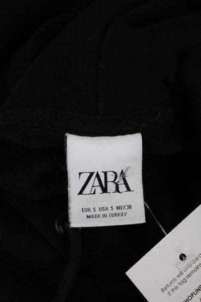 Zara Unisex Adults Pullover Hoodie Black Cotton Blend Long Sleeve Size S
