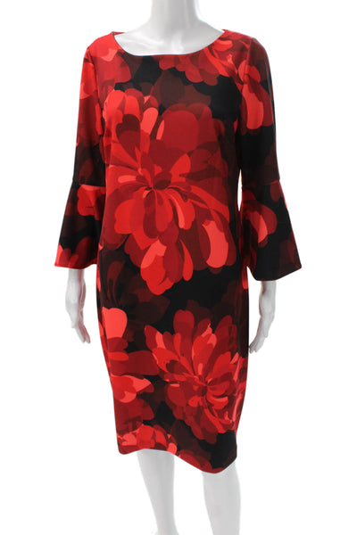 Calvin Klein Women Sheath Dress Red Floral Boat Neck 3/4 Sleeve Size 12