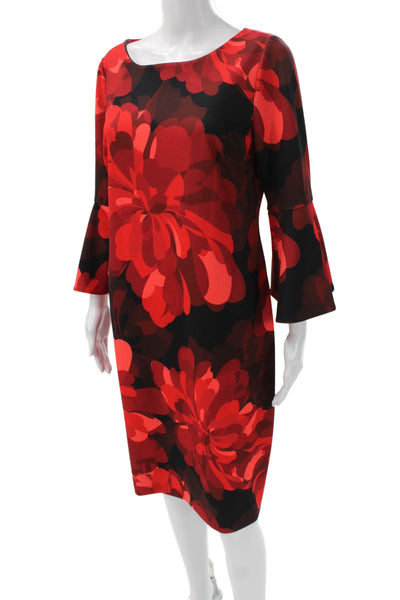 Calvin Klein Women Sheath Dress Red Floral Boat Neck 3/4 Sleeve Size 12