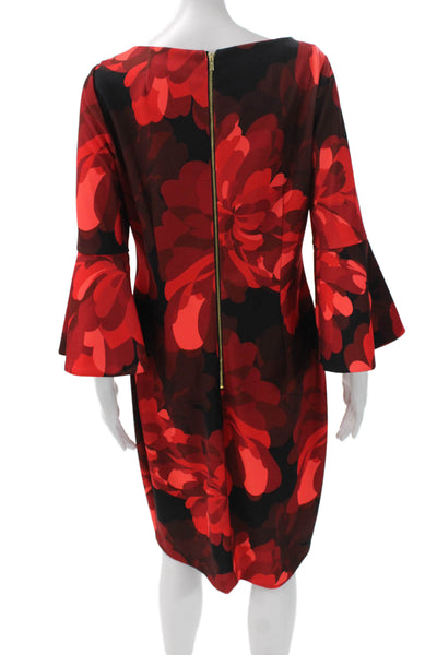 Calvin Klein Women Sheath Dress Red Floral Boat Neck 3/4 Sleeve Size 12