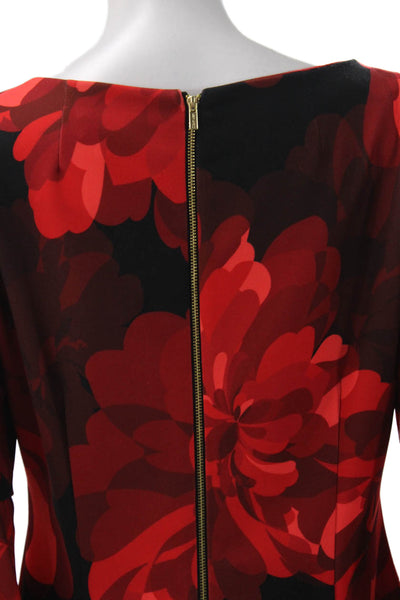 Calvin Klein Women Sheath Dress Red Floral Boat Neck 3/4 Sleeve Size 12