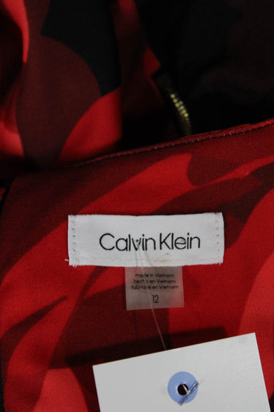 Calvin Klein Women Sheath Dress Red Floral Boat Neck 3/4 Sleeve Size 12
