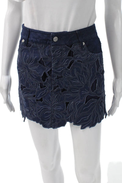 Simkhai Womens Mini Floral Cotton Skirt Button Closure Blue Size 24