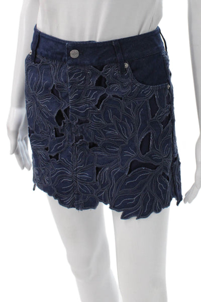 Simkhai Womens Mini Floral Cotton Skirt Button Closure Blue Size 24