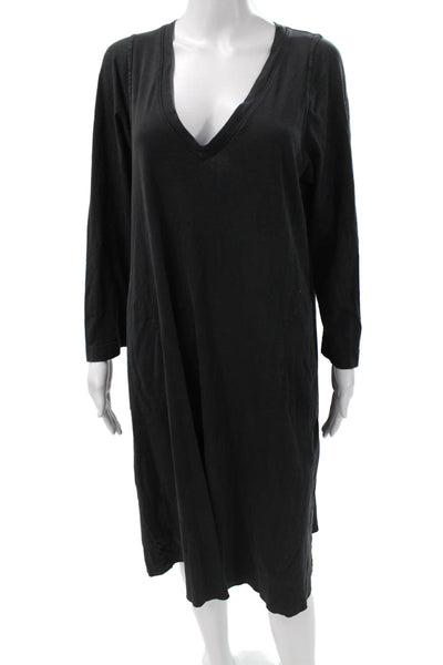 Raquel Allegra Womens Black Cotton V Neck Long Sleeve Shift Dress Size 2