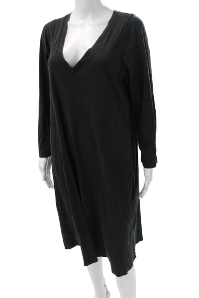Raquel Allegra Womens Black Cotton V Neck Long Sleeve Shift Dress Size 2
