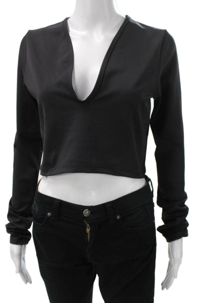 Year Of Ours Women Cropped V-Neck Long Sleeve Black Nylon T-Shirt Size L