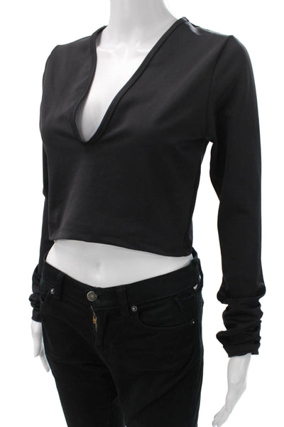 Year Of Ours Women Cropped V-Neck Long Sleeve Black Nylon T-Shirt Size L