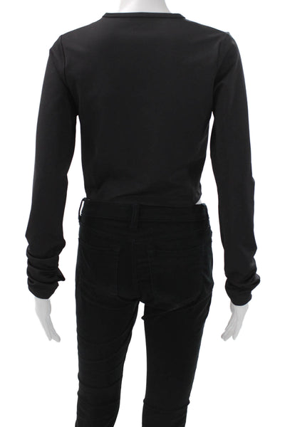 Year Of Ours Women Cropped V-Neck Long Sleeve Black Nylon T-Shirt Size L