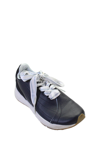 Saysh Womens Lace Up Round Toe Leather Low Top Sneakers Navy Blue White Size 6