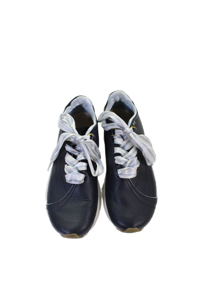Saysh Womens Lace Up Round Toe Leather Low Top Sneakers Navy Blue White Size 6