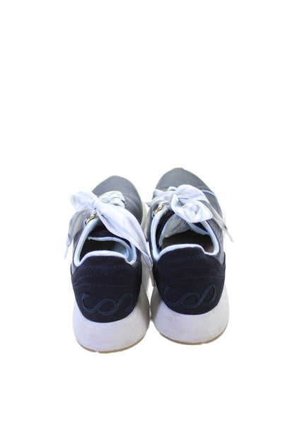 Saysh Womens Lace Up Round Toe Leather Low Top Sneakers Navy Blue White Size 6