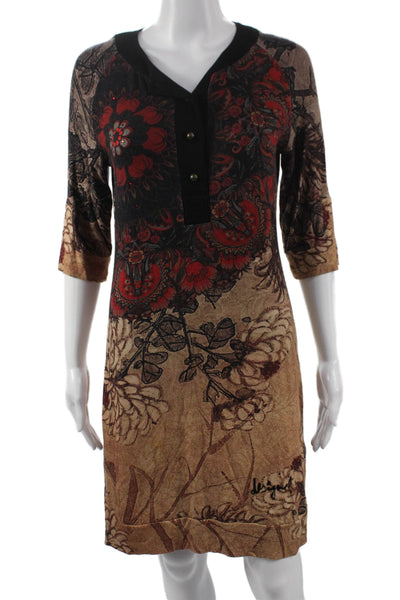 Desigual Women Shift Dress Floral Multicolor Vneck 3/4Sleeve Knee-Length Size M