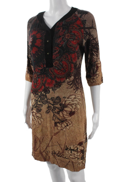 Desigual Women Shift Dress Floral Multicolor Vneck 3/4Sleeve Knee-Length Size M