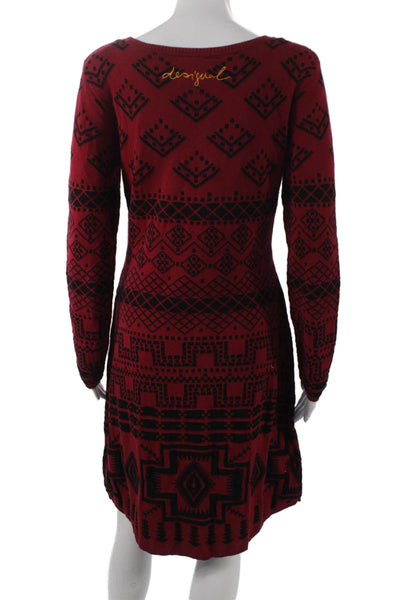 Desigual Womens Red Sweater Dress Long Sleeve Scoop Neck Geometric Size XL