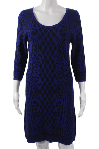 BCBGMAXAZRIA Womens Sweater Dress Blue Geometric Scoop Neck 3/4 Sleeve Size XL