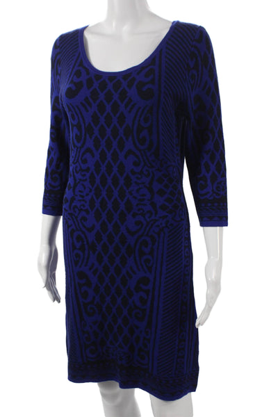 BCBGMAXAZRIA Womens Sweater Dress Blue Geometric Scoop Neck 3/4 Sleeve Size XL