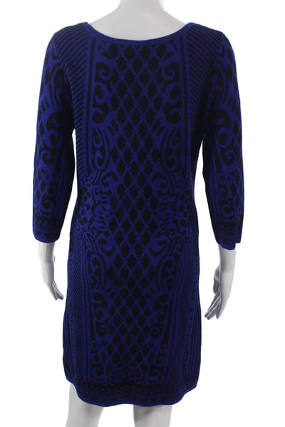 BCBGMAXAZRIA Womens Sweater Dress Blue Geometric Scoop Neck 3/4 Sleeve Size XL