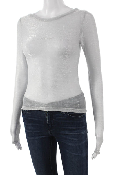 Hand Over Womens Basic Silver Long Sleeve Round Neck Polyester T-Shirt Size S