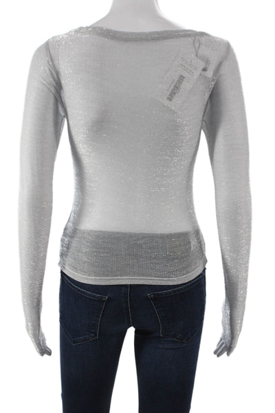 Hand Over Womens Basic Silver Long Sleeve Round Neck Polyester T-Shirt Size S