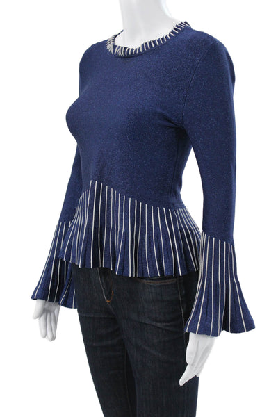 Jonathan Simkhai Womens Blue Striped Long Sleeve Round Neck Blouse Size S