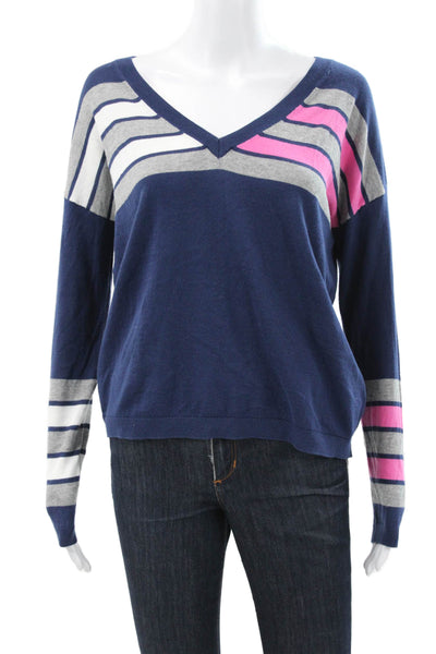L T Womens V-Neck Striped Cotton Pullover Sweater Long Sleeve Blue Size XS
