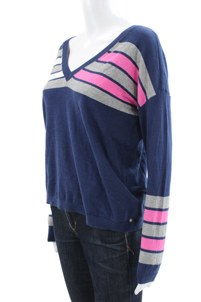 L T Womens V-Neck Striped Cotton Pullover Sweater Long Sleeve Blue Size XS