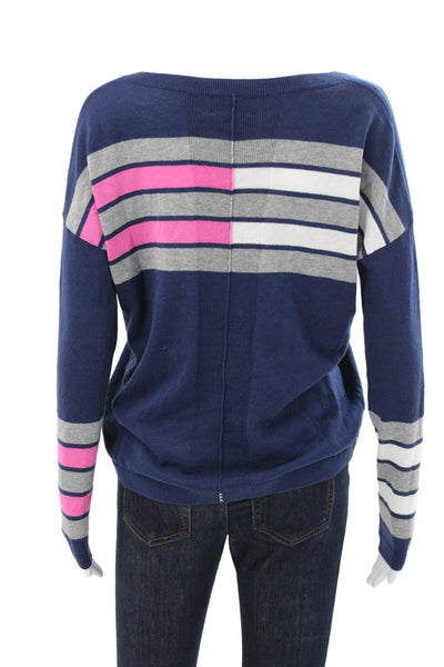 L T Womens V-Neck Striped Cotton Pullover Sweater Long Sleeve Blue Size XS