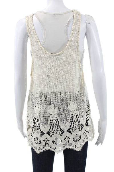 Lovers + Friends Womens Ivory Crochet Floral Scoop Neck Tunic Sleeveless Size L