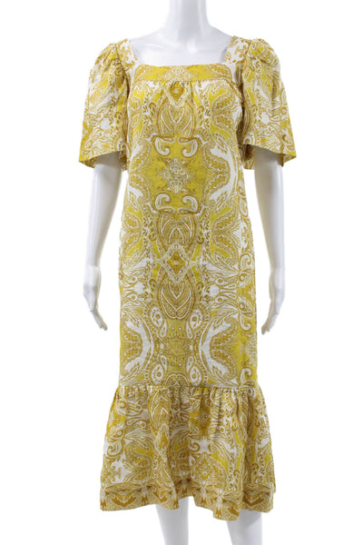 Cara Cara Women Maxi Linen Dress Yellow Square Neck Short Sleeve Size L