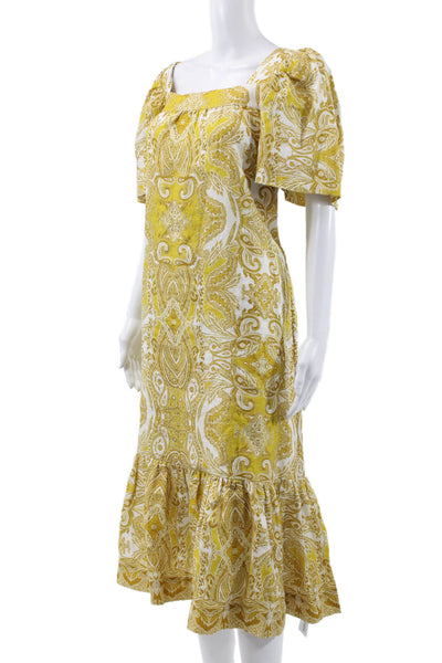 Cara Cara Women Maxi Linen Dress Yellow Square Neck Short Sleeve Size L