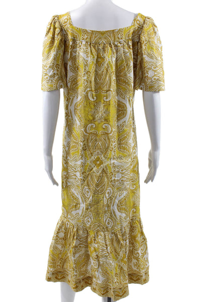 Cara Cara Women Maxi Linen Dress Yellow Square Neck Short Sleeve Size L