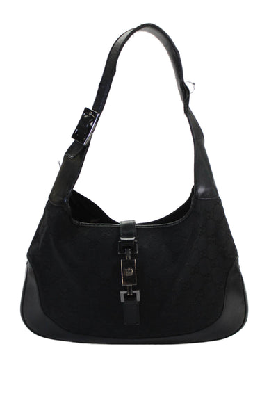 Gucci Womens Monogram Canvas Silver Tone Satchel Shoulder Handbag Black