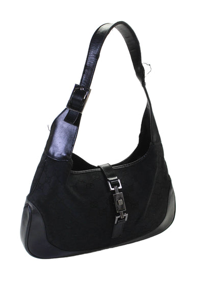 Gucci Womens Monogram Canvas Silver Tone Satchel Shoulder Handbag Black