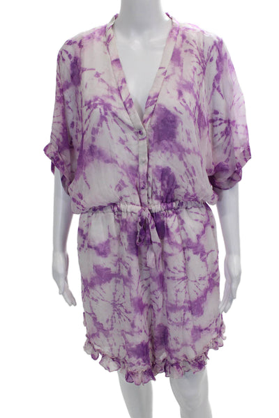 Rococo Sand Womens Romper Purple V Neck Tie Dye Short Sleeve Button Size XL