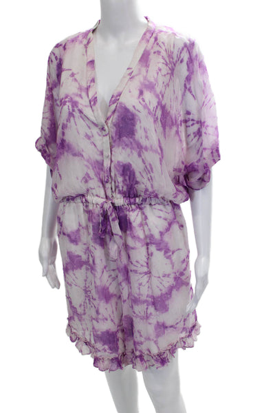 Rococo Sand Womens Romper Purple V Neck Tie Dye Short Sleeve Button Size XL