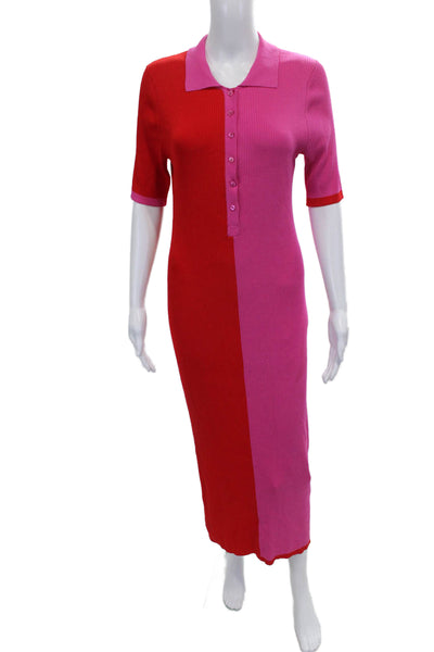 Solid & Striped Women Shirt Dress Red Collared Button Short Sleeve Maxi Size L