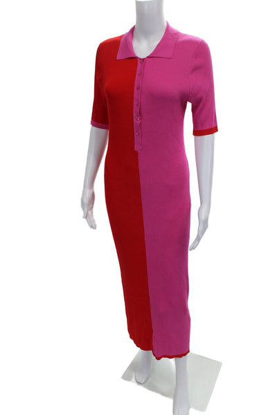 Solid & Striped Women Shirt Dress Red Collared Button Short Sleeve Maxi Size L