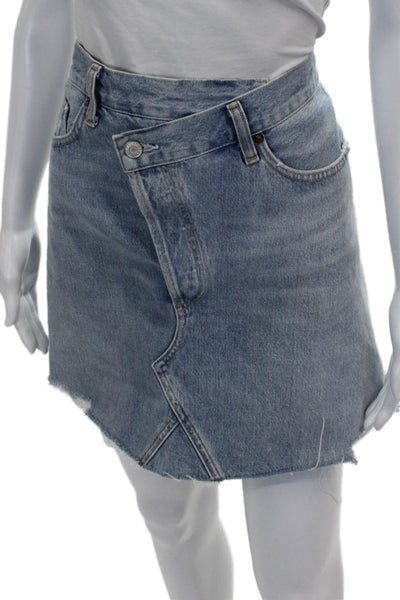 Agolde Women Wrap Skirt Blue Organic Cotton Short Button Size 31