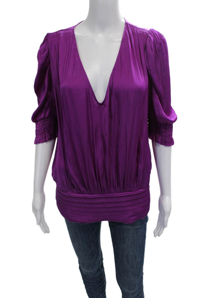 Ramy Brook Womens Purple V Neck Tunic 3/4 Sleeve Polyester Size L