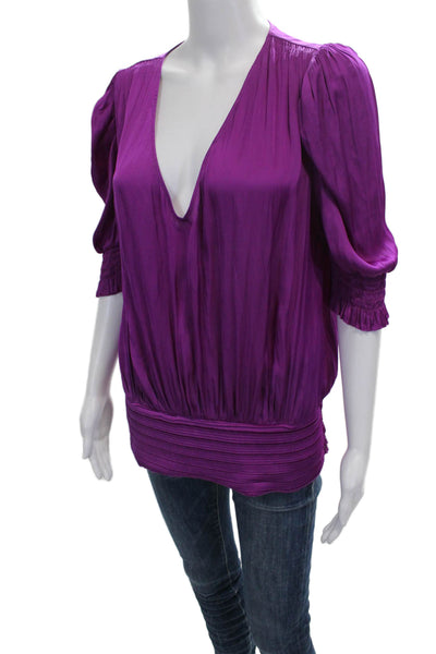 Ramy Brook Womens Purple V Neck Tunic 3/4 Sleeve Polyester Size L
