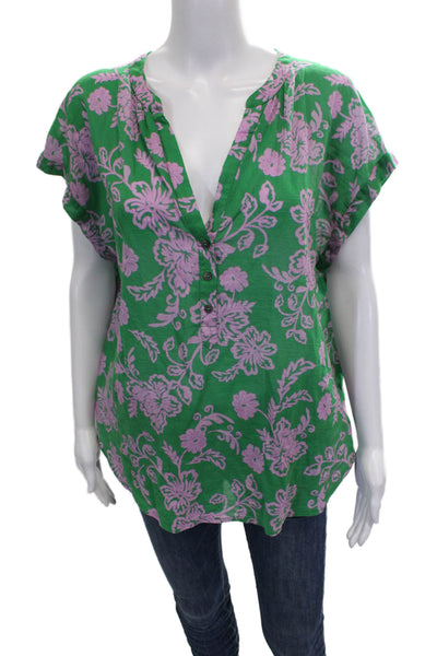 Xirena Women Green Floral 100% Cotton V-Neck Tunic Blouse Sleeveless Size M