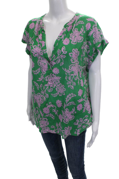 Xirena Women Green Floral 100% Cotton V-Neck Tunic Blouse Sleeveless Size M