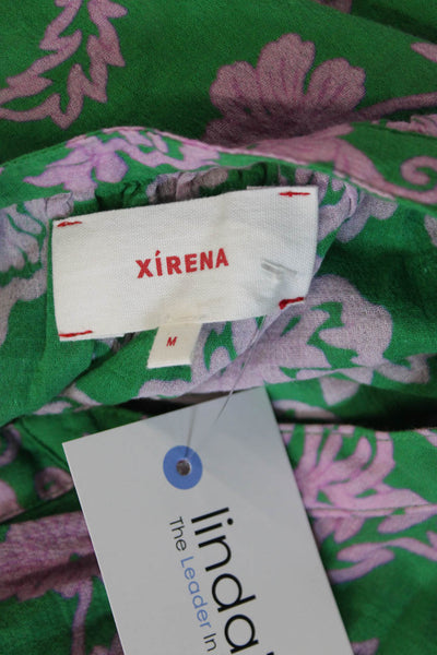 Xirena Women Green Floral 100% Cotton V-Neck Tunic Blouse Sleeveless Size M